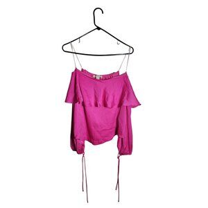 Forever 21 Womens Pink Off-Shoulder Ruffle Top With Adjustable Drawstring Hem